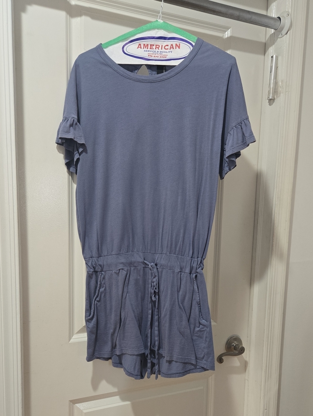 bobi Washed Blue Short Sleeve Drawstring Romper